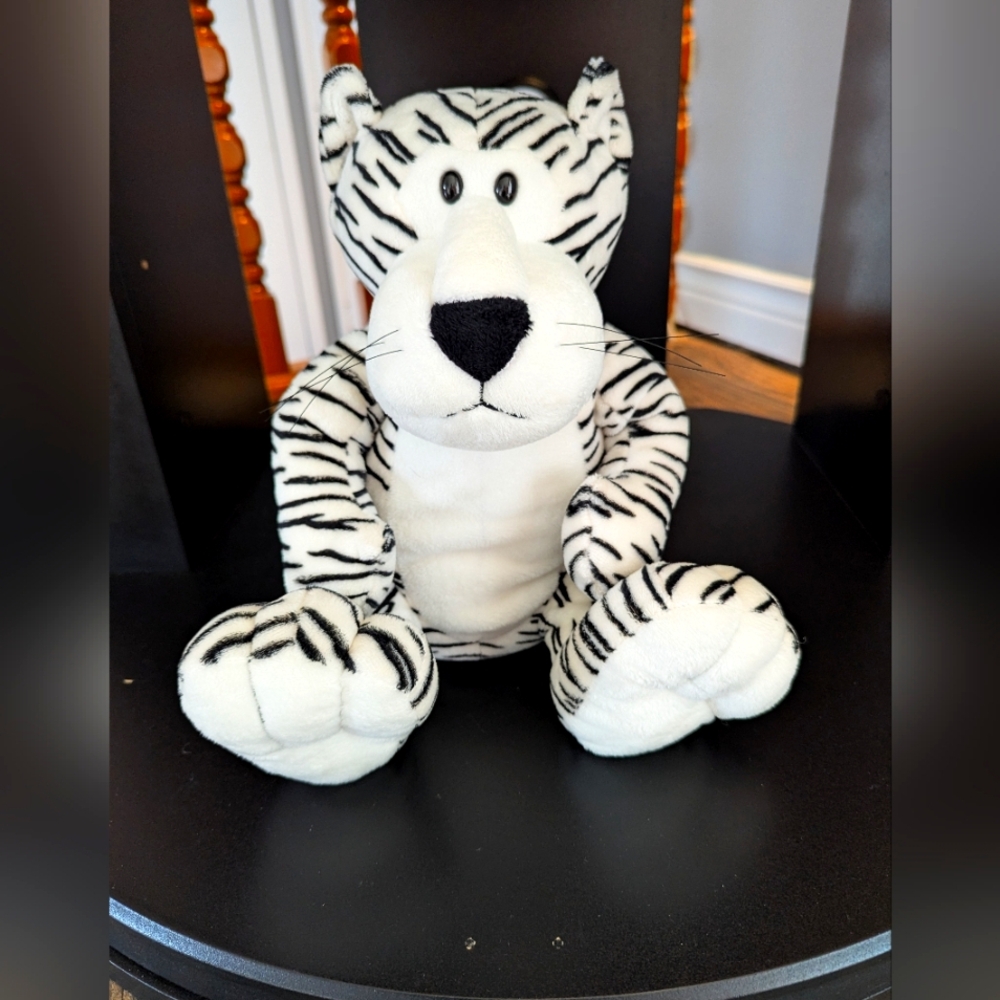 Striped White and Black Plush Tiger From Bush Gardens. 12 Inch. Sitting Position